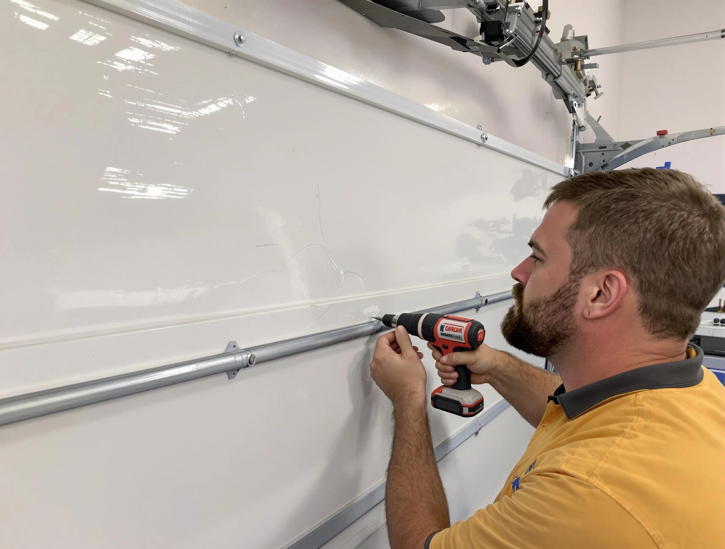 Portsmouth Garage Door Repair expert performing dent repair on garage door in Portsmouth