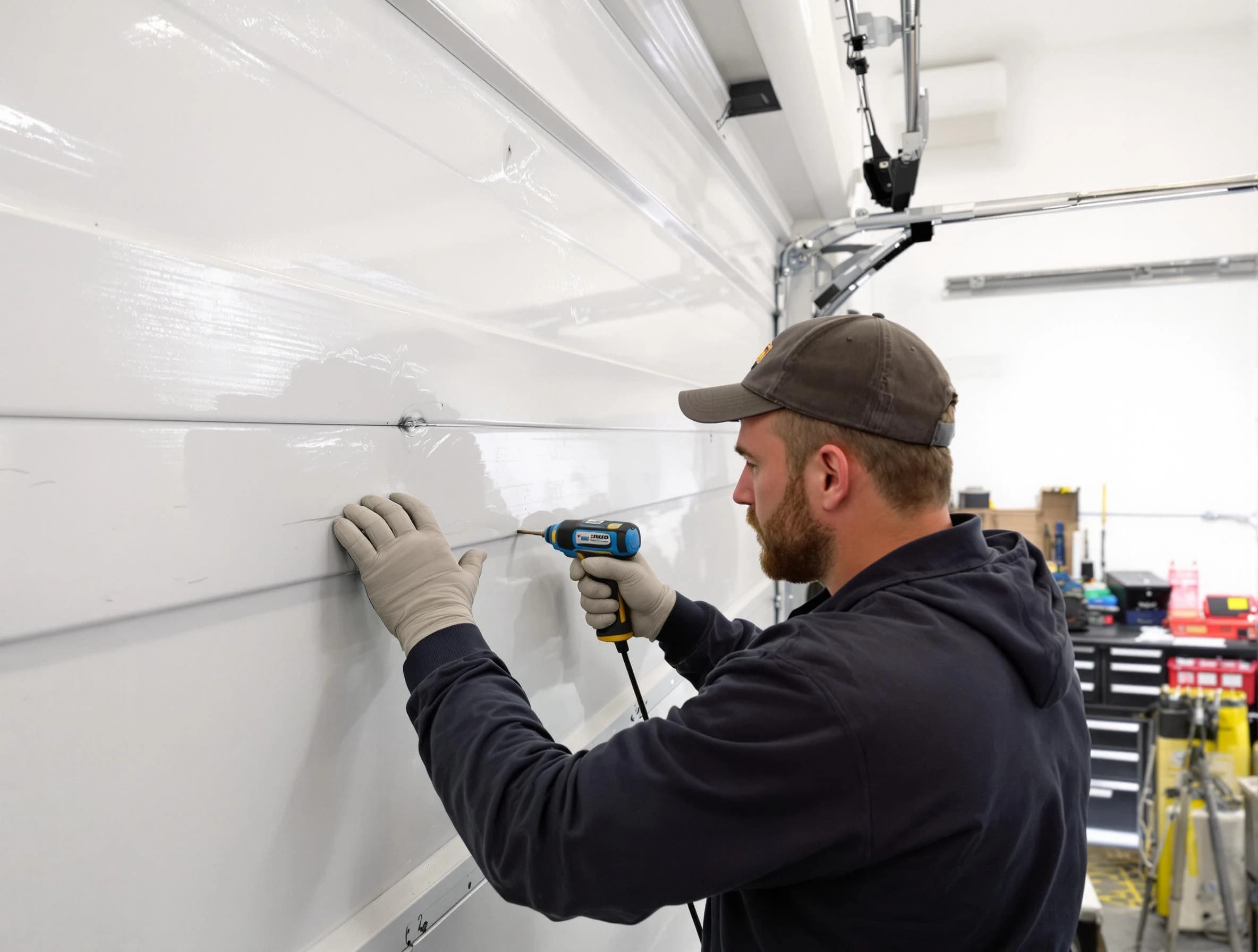 Portsmouth Garage Door Repair technician demonstrating precision dent removal techniques on a Portsmouth garage door