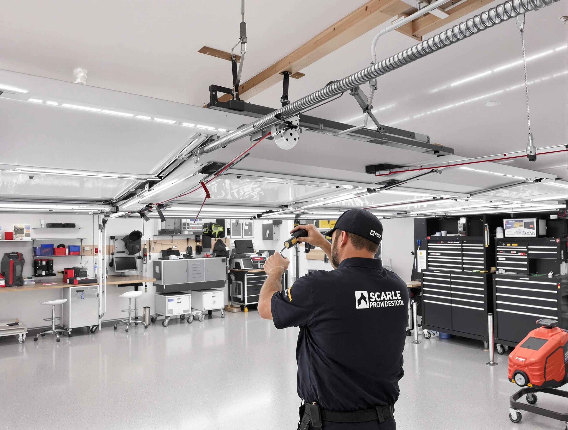 Portsmouth Garage Door Repair technician repairing overhead garage door in Portsmouth
