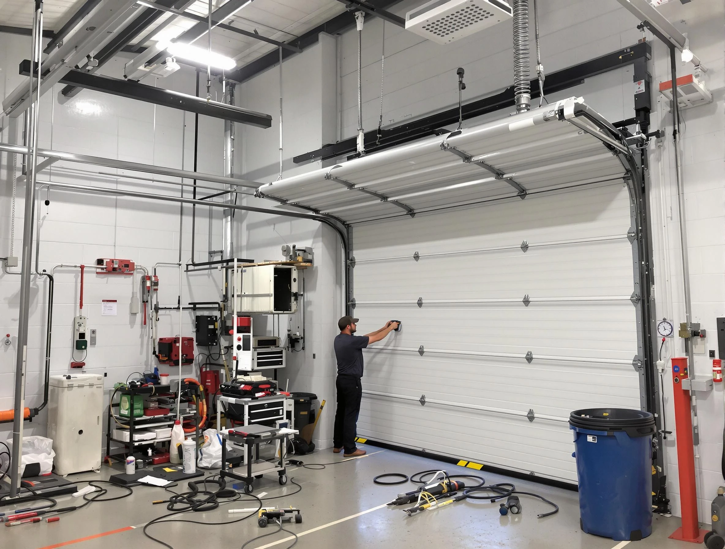 Portsmouth Garage Door Repair certified technician performing commercial door repair at a Portsmouth business facility