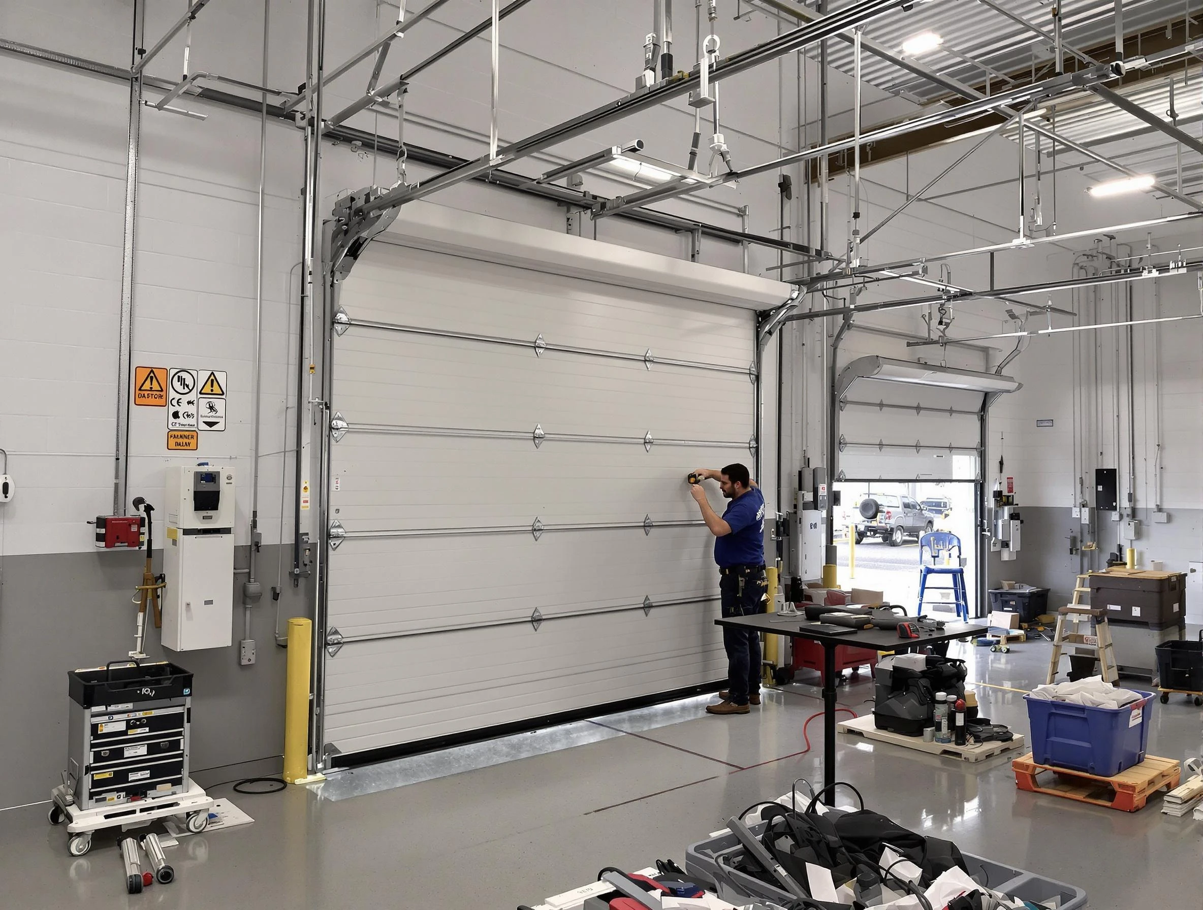 Commercial garage door repair being performed by Portsmouth Garage Door Repair expert in Portsmouth