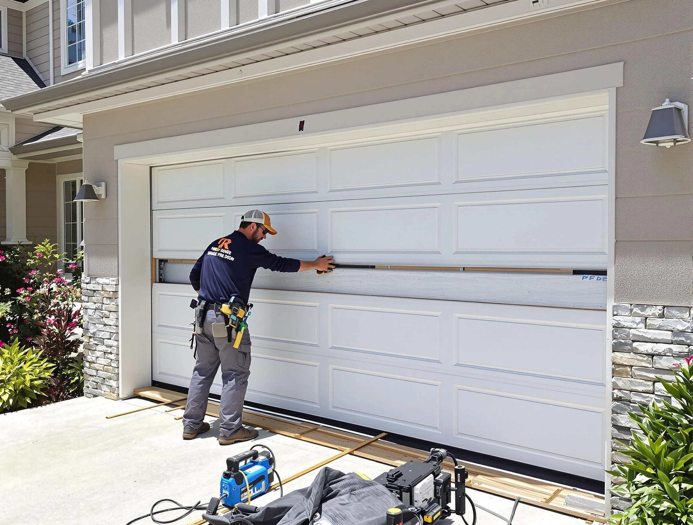 Portsmouth Garage Door Repair team performing complete garage door replacement at Portsmouth residence