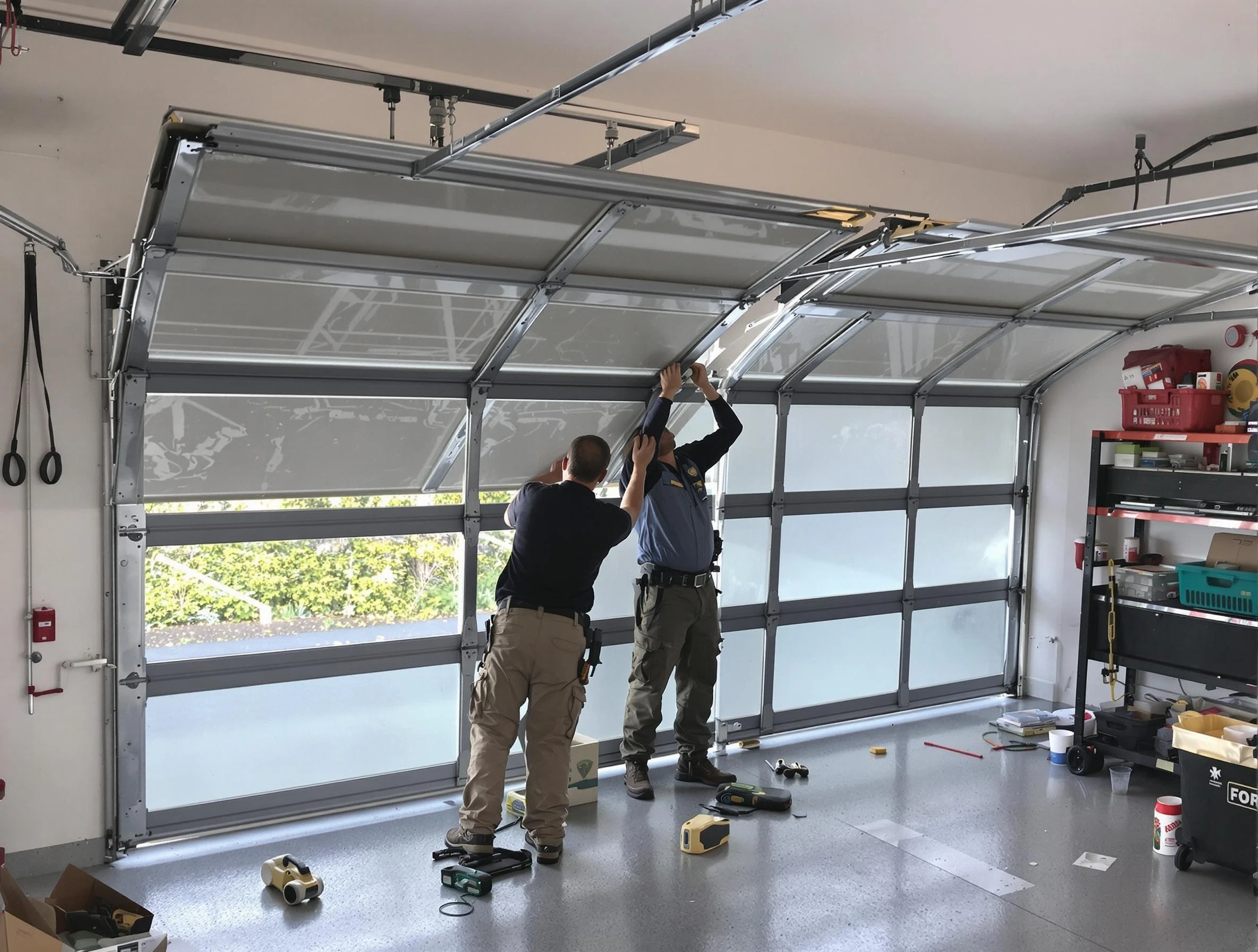 Portsmouth Garage Door Repair expert performing precise panel replacement on Portsmouth garage door