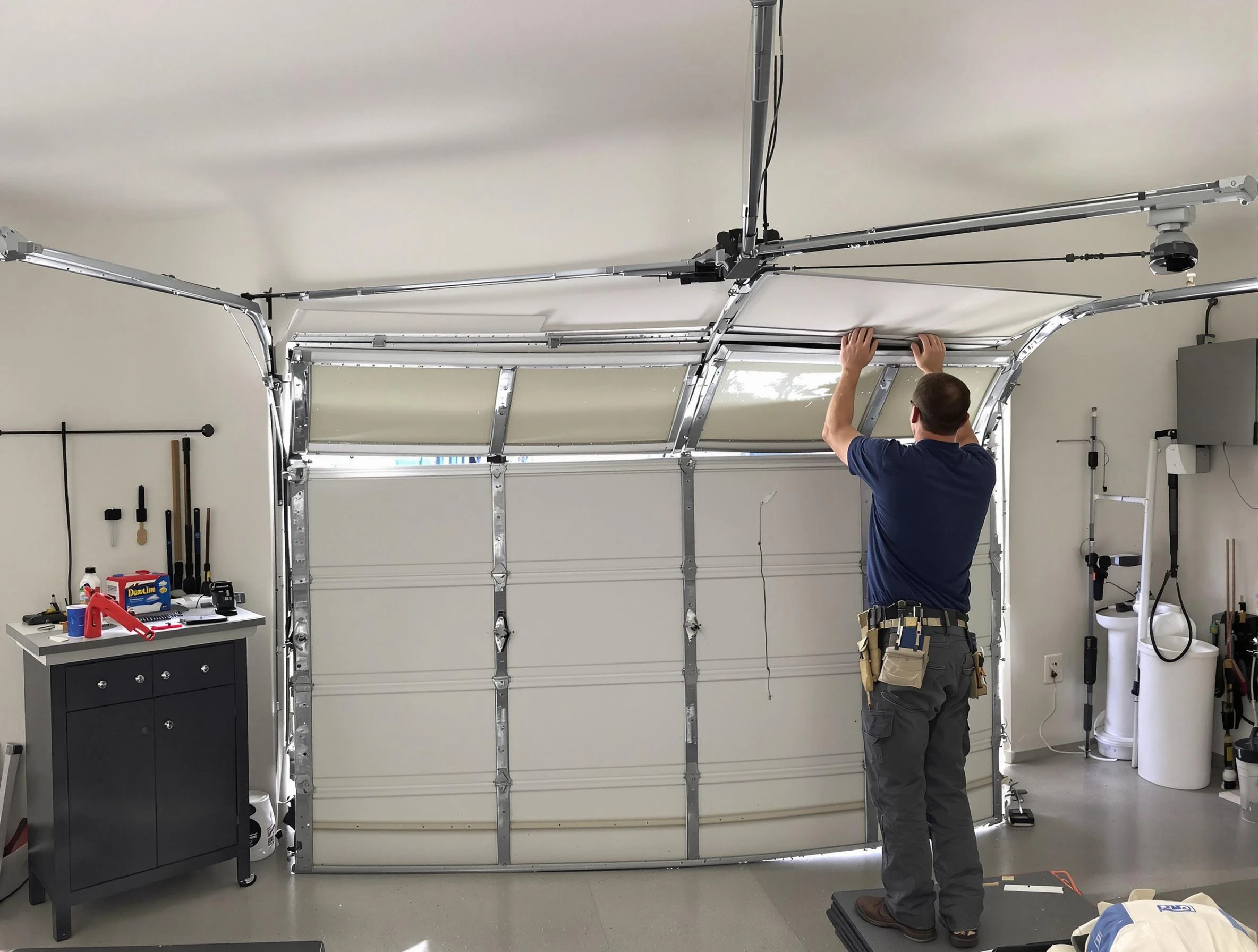 Portsmouth Garage Door Repair specialist performing precise section replacement on Portsmouth garage door
